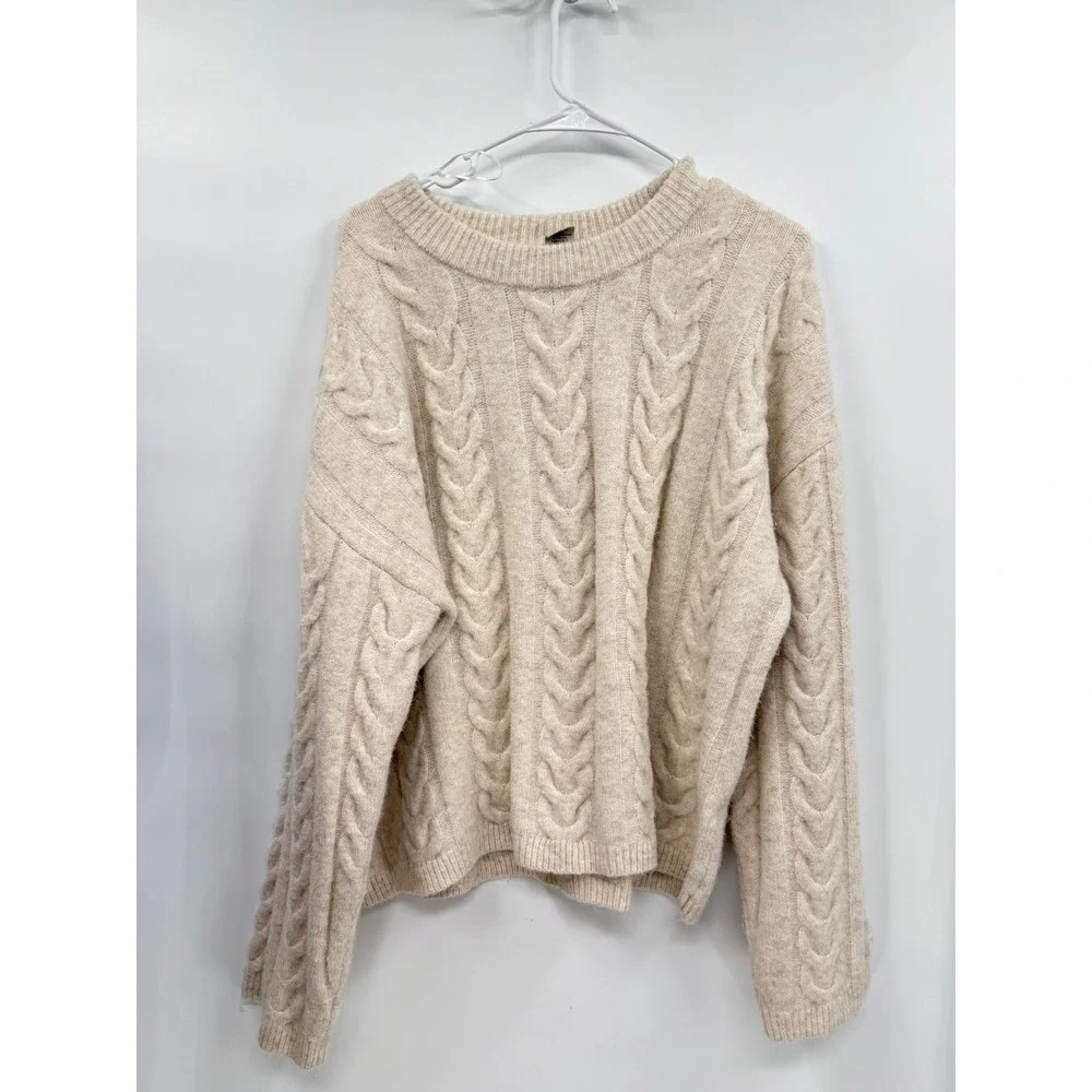 Joie Large Cable Knit Sweater Womens Oatmeal Beige Crew Neck Wool Blend CV172501